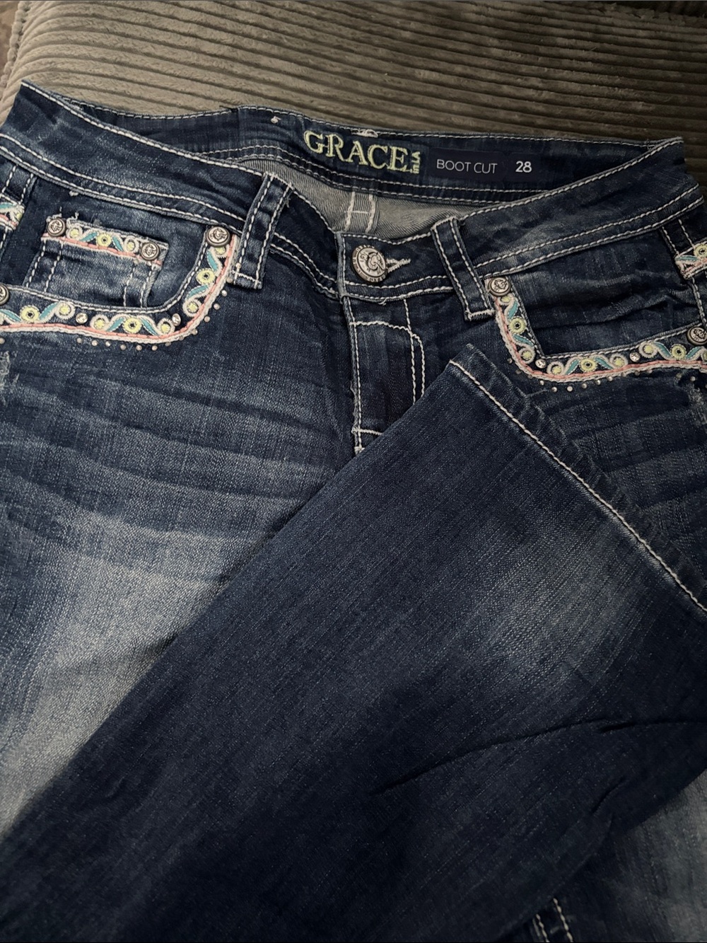 Grace in LA Dark Blue Bootcut Jeans with Multicolor Embroidered Pockets